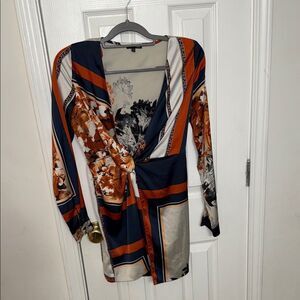Fashion Nova Geometric Floral Blouse - Navy and Orange